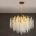 Crystal chandelier light with adjustable height, shown in a light luxury style with aluminium alloy body.