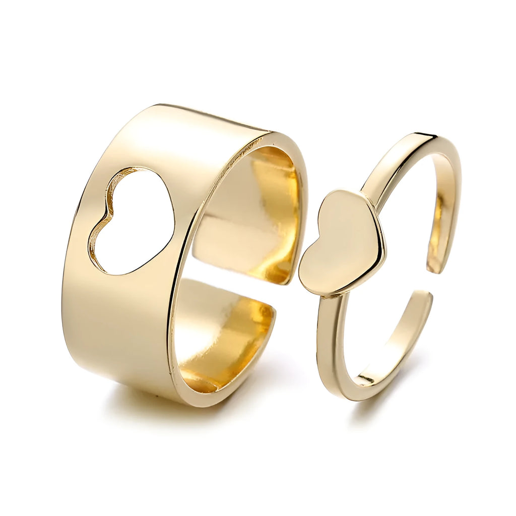 Adjustable copper couple rings with bow and heart design, electroplated in gold or silver, two-piece unisex set