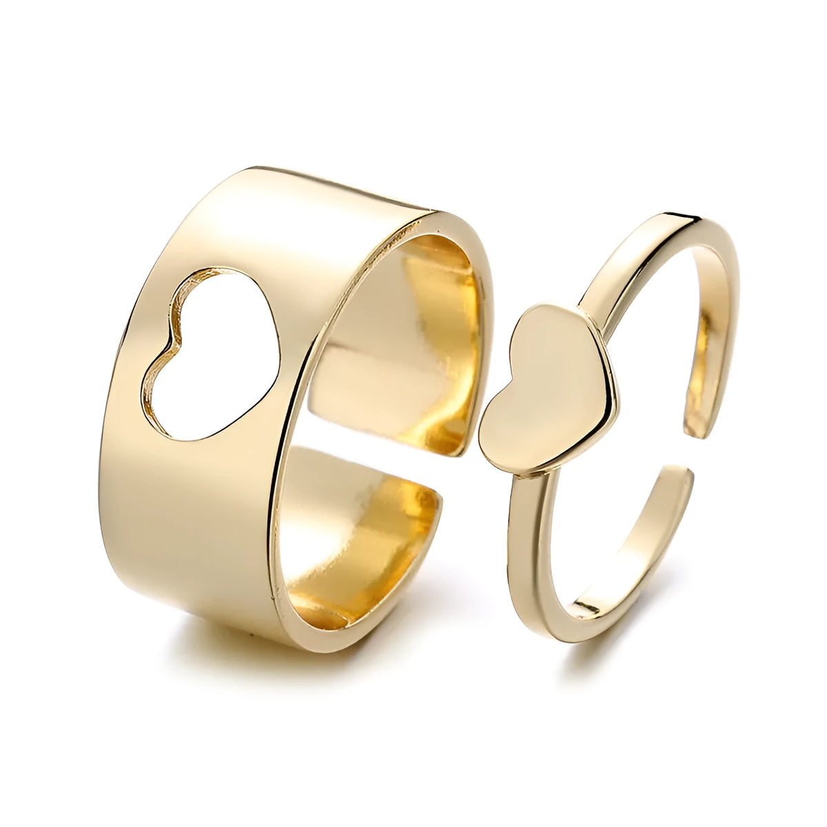 Adjustable copper couple rings with bow and heart design, electroplated in gold or silver, two-piece unisex set