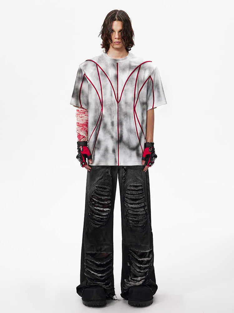 Men's T-shirt with padded shoulders and raised patchwork line detailing on front