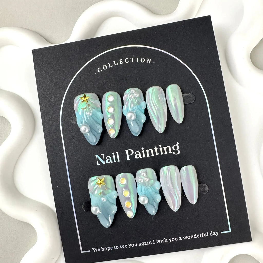 Blue shell-design plastic artificial nail tips set with four size options XS S M L