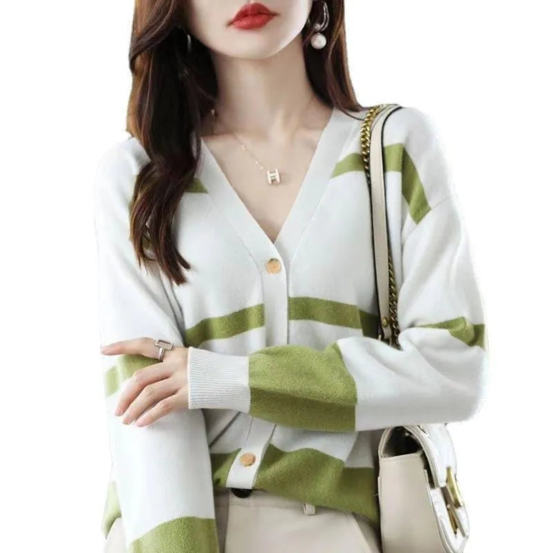 Women's slim fit striped knitted cardigan with V-neck, 3D pattern, and button front in multiple colours.