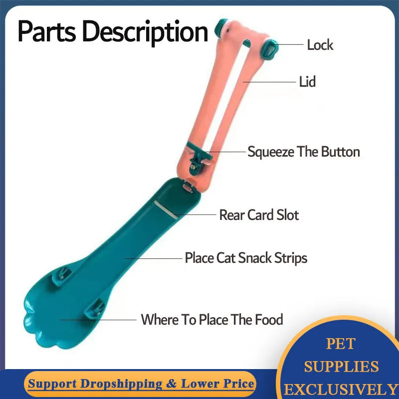 Two-tone pet feed spoon with extrusion scoop and squeezer feeder for liquid food and treats.