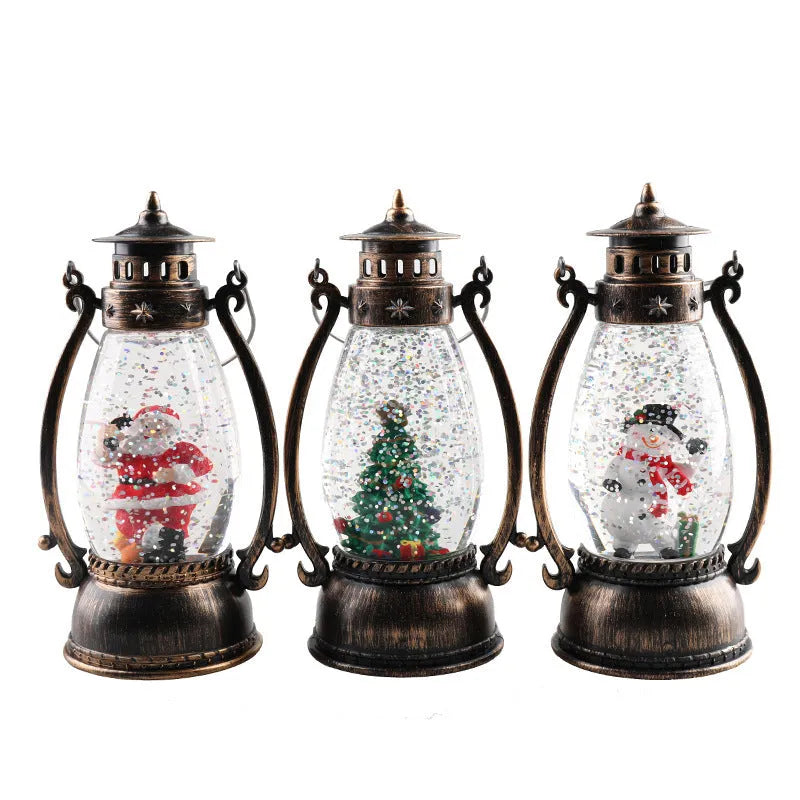 Plastic Crystal ball lamp with light, showing Snowman and Elderly Oil Lamp Christmas decoration designs.