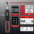 Electronic digital display torque wrench with LCD screen on chrome-vanadium steel shaft.