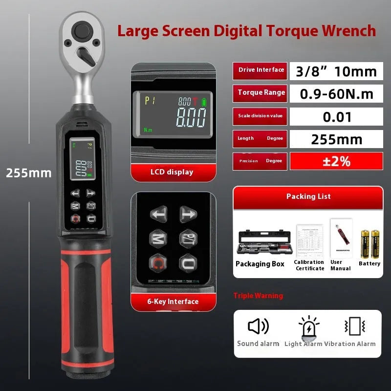 Electronic digital display torque wrench with LCD screen on chrome-vanadium steel shaft.