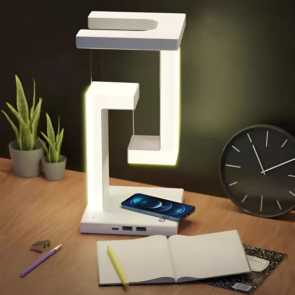 White magnetic suspension table lamp with wireless charging, touch switch, USB power, 12 x 12 x 22 cm, floating light design.