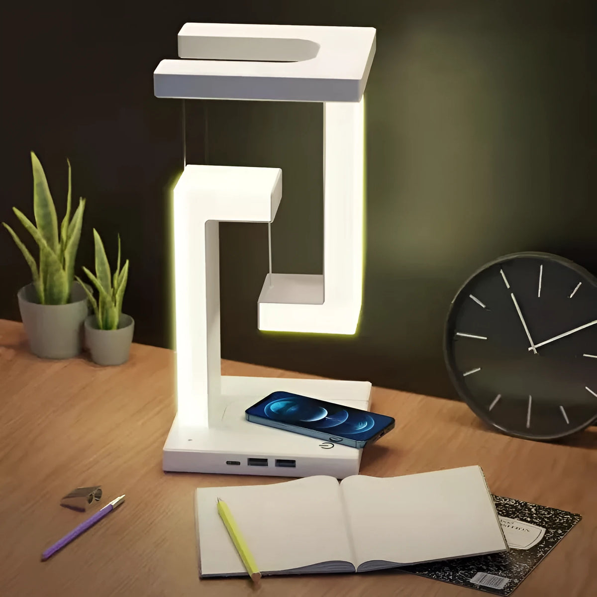 White magnetic suspension table lamp with wireless charging, touch switch, USB power, 12 x 12 x 22 cm, floating light design.