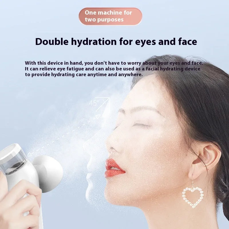 White rechargeable portable eye compress device with USB cable and eye mask.
