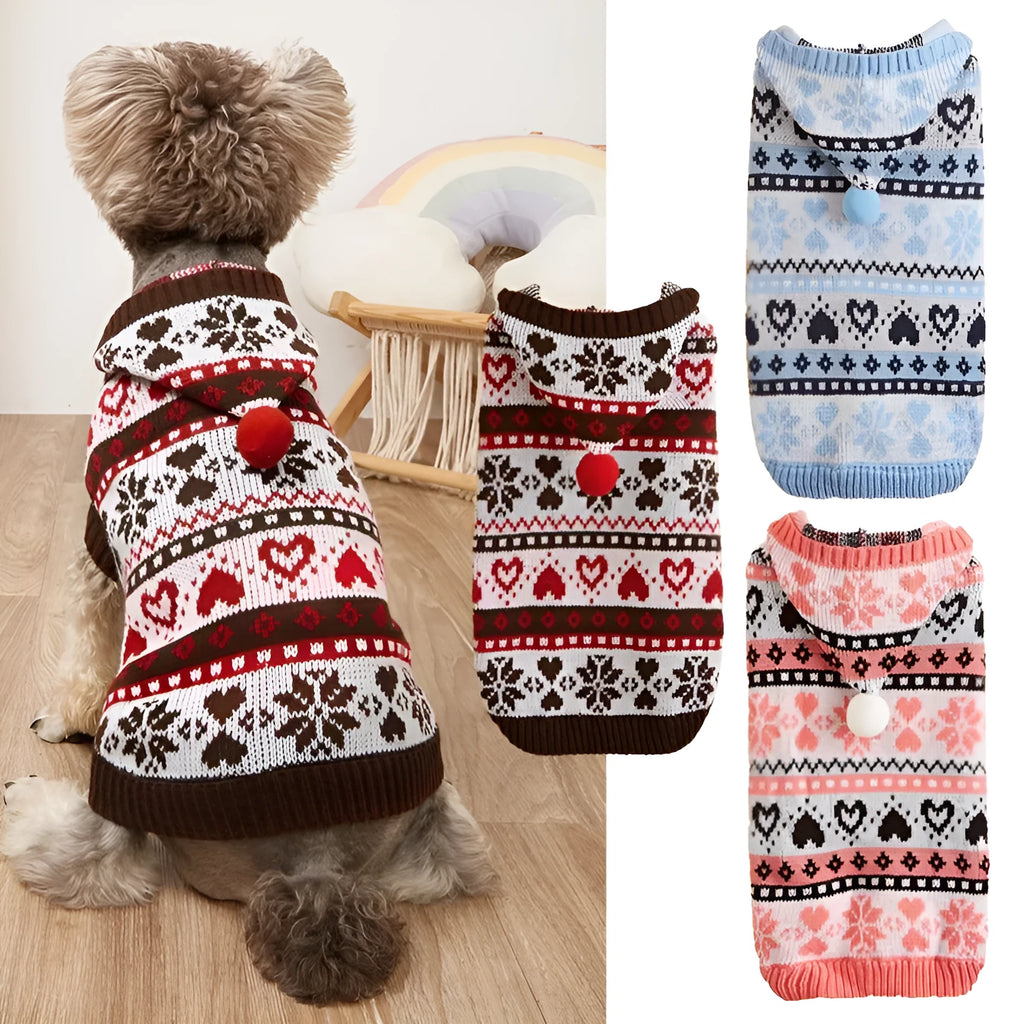 Pink blue grey acrylic dog sweater with snowflake love striped camouflage pattern for small breeds