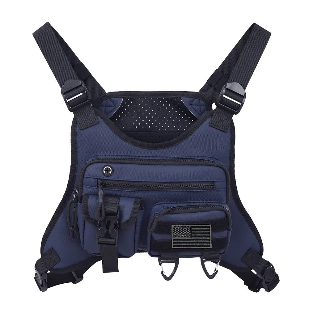Men's Oxford cloth outdoor sports chest bag in blue, designed as a breathable riding vest.