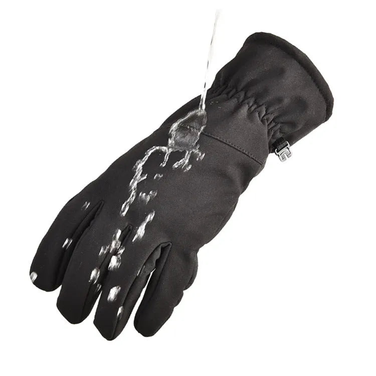 A pair of tactical camouflage ski gloves with an anti-slip palm and touch screen fingertips.