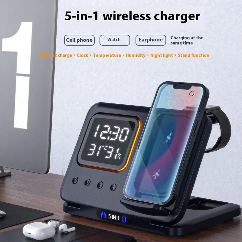 Black wireless charging station with digital clock displaying time and temperature charging phone and watch