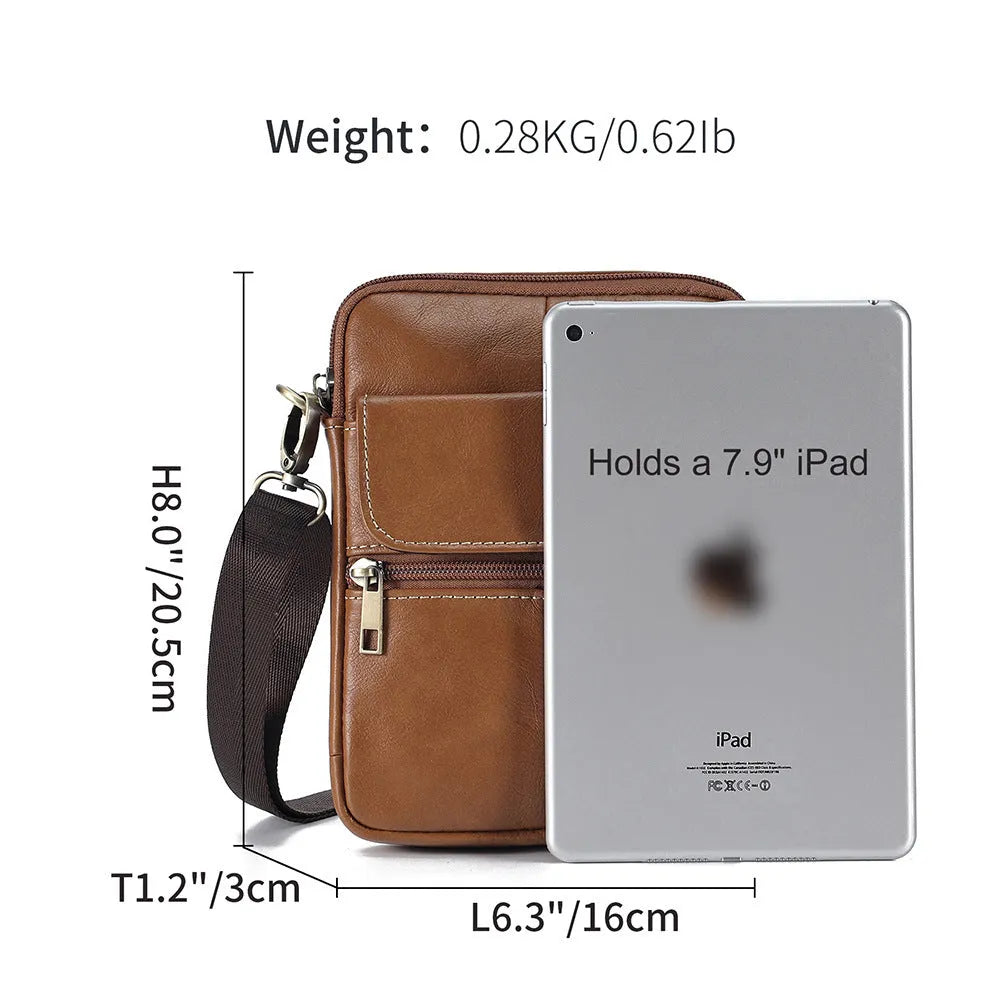 Men's brown leather crossbody shoulder bag with sewing line detailing and shoulder strap