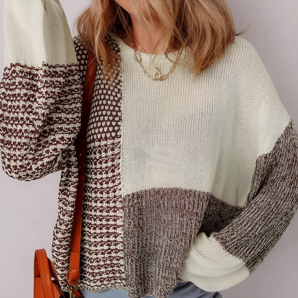 Dark khaki colour block women's loose knit sweater with drop shoulders and a back tie fastening.