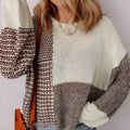 Dark khaki colour block women's loose knit sweater with drop shoulders and a back tie fastening.
