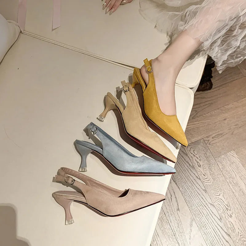 Women's pointed toe stiletto high heels in suede, shown in apricot colour on a light background.