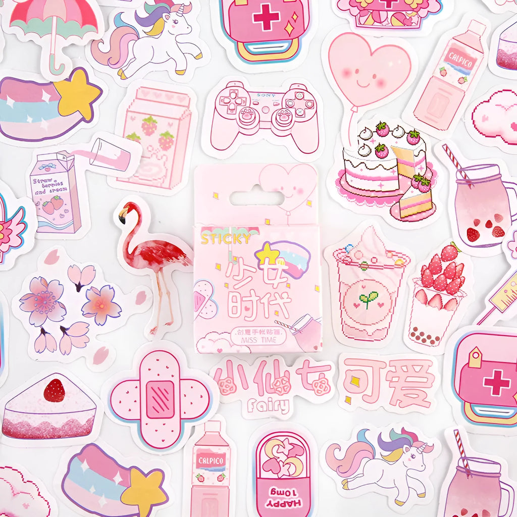 Box of 46 creative cartoon decorative stickers for children's journals featuring small pattern designs like Bubble Comics and Green Forest