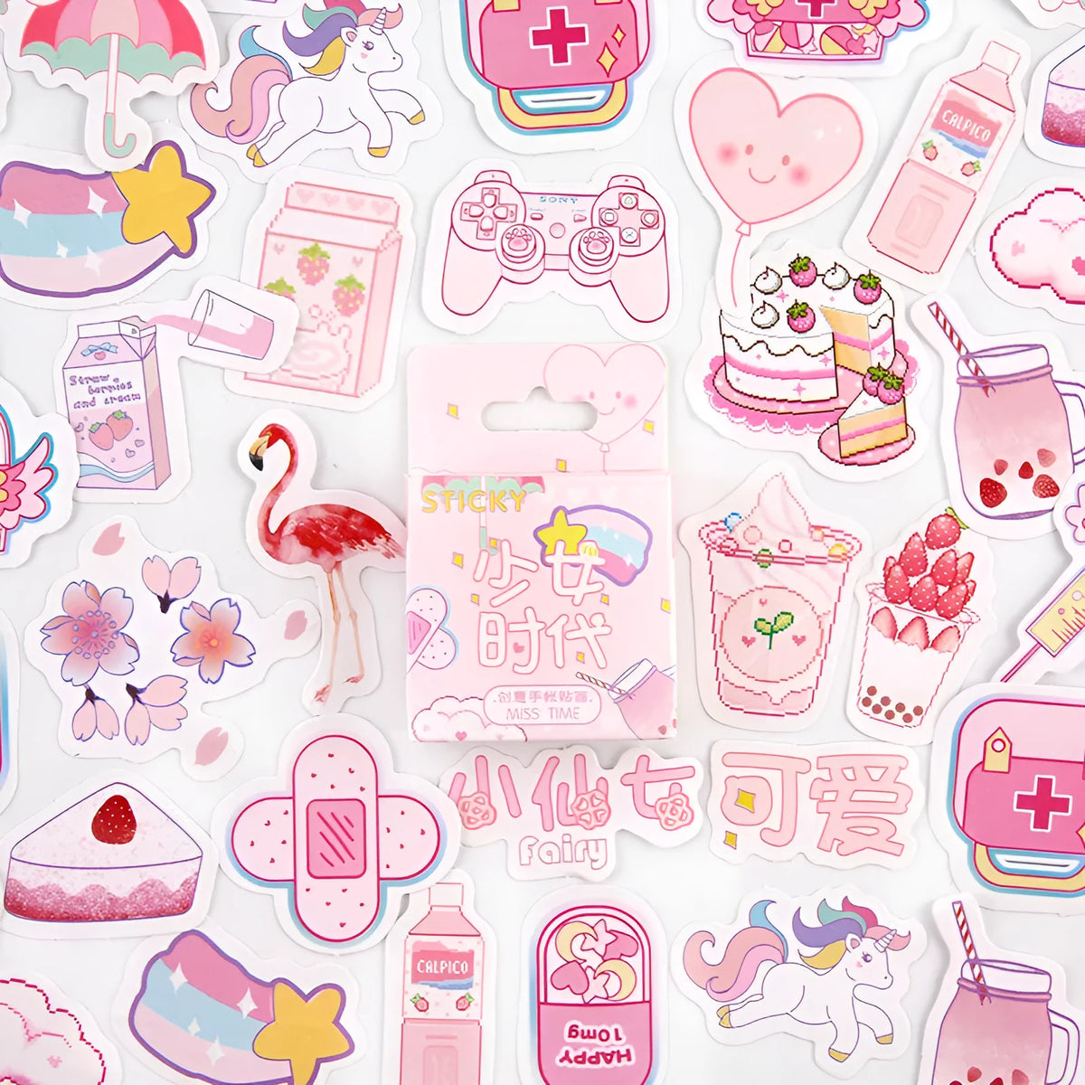 Box of 46 creative cartoon decorative stickers for children's journals featuring small pattern designs like Bubble Comics and Green Forest