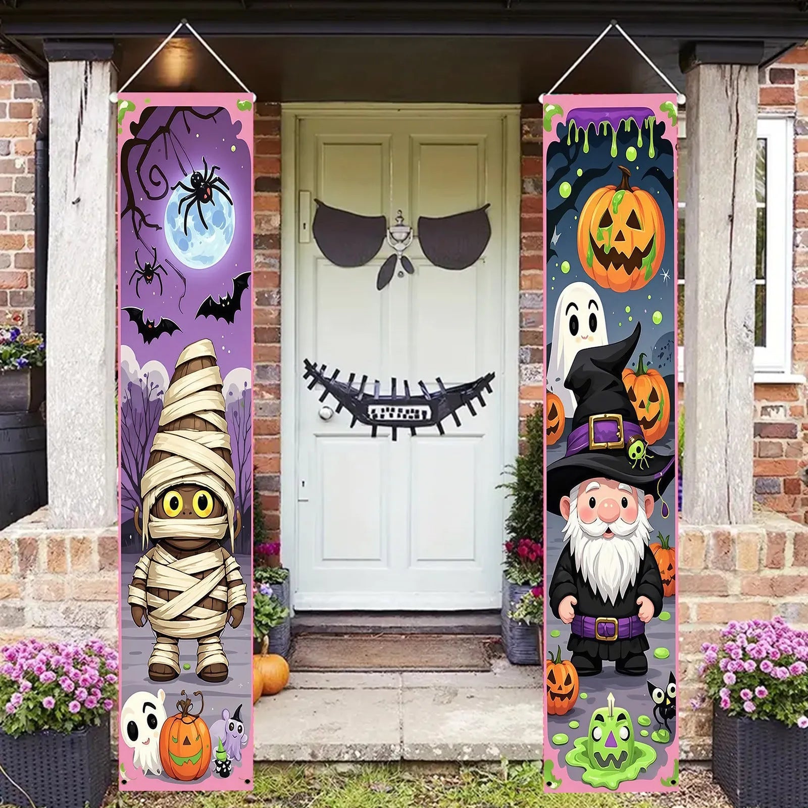 Pair of vertical Halloween couplet banners in polyester fabric measuring 30x180cm for holiday decoration