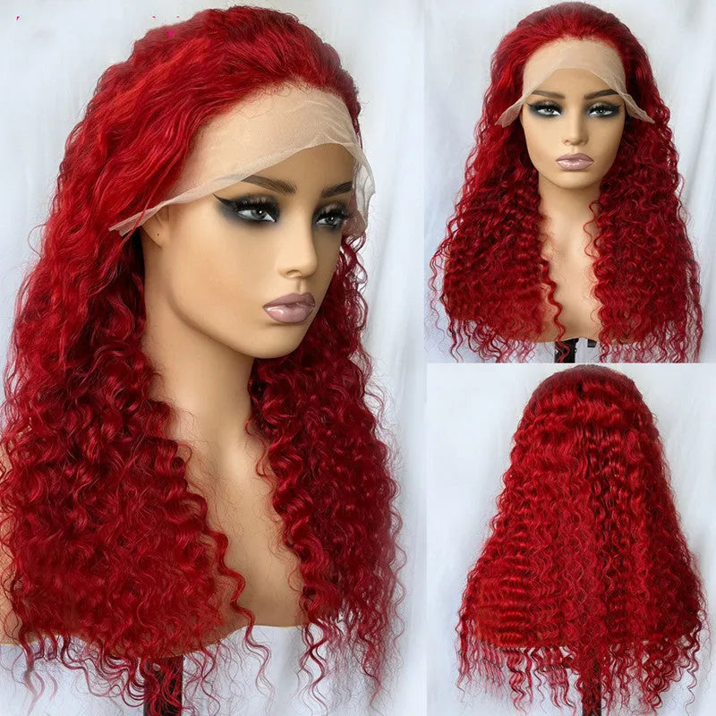 Red deep wave human hair wig, fully hand-woven, available in 12-34 inch lengths, with T-shaped head cover option.