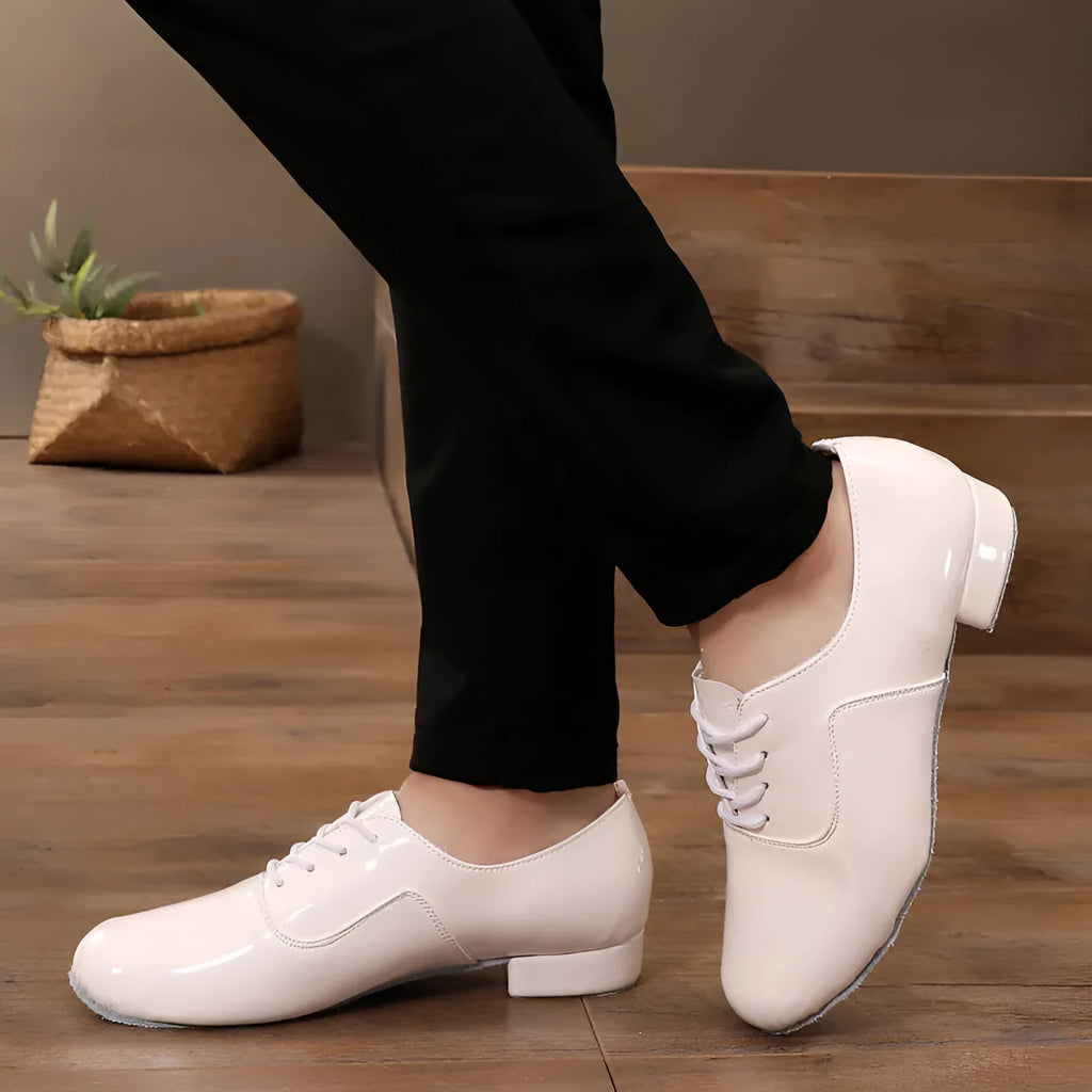 Men's black polished leather dancing shoes with a calf leather sole for indoor fitness.