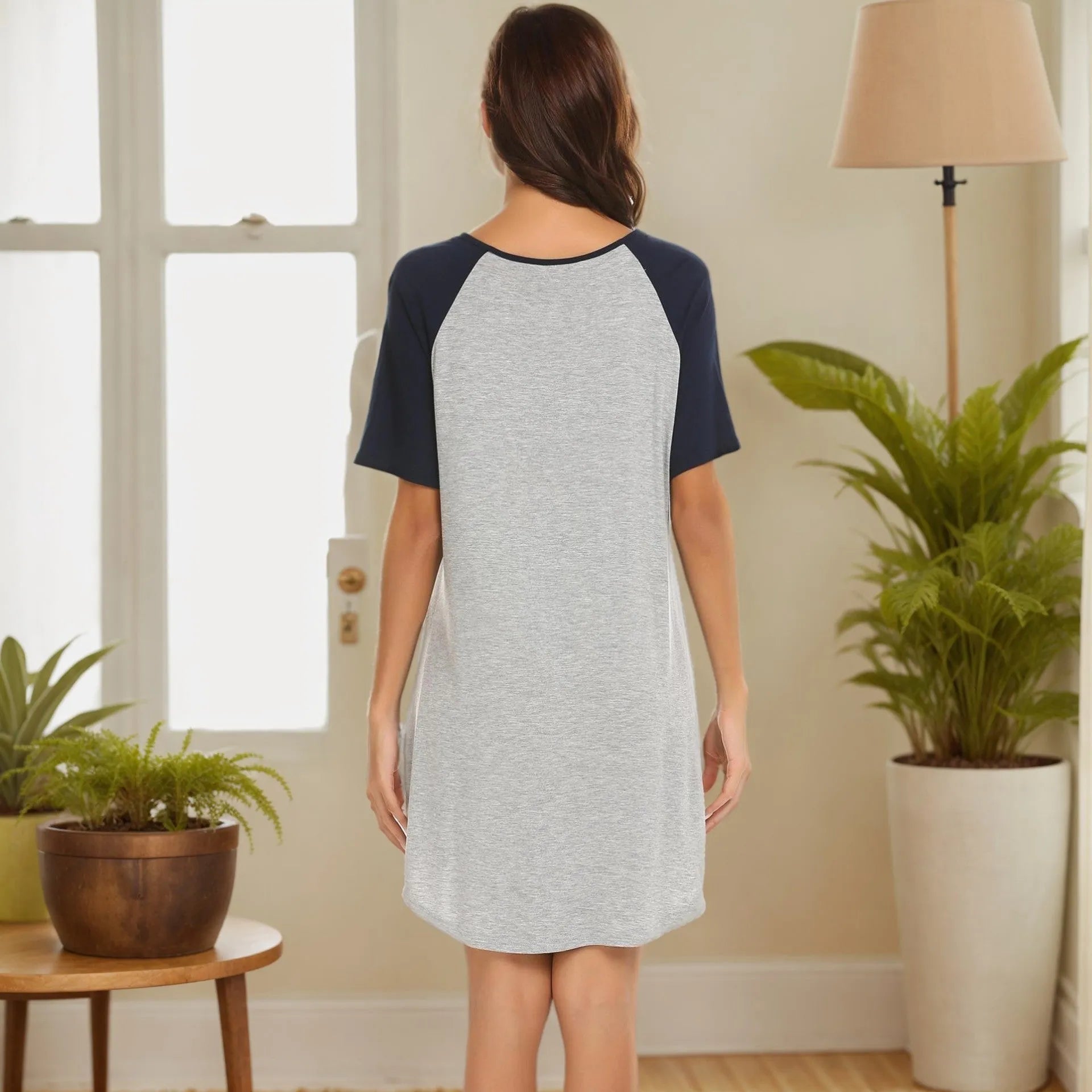 Women's nightdress with colour contrast patchwork sleeves in double brushed milk silk fabric