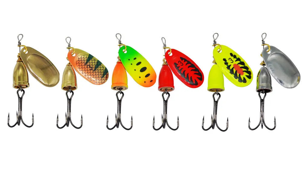 R composite metal fishing lure with copper bell and rotating sequin skirt in multiple colour options