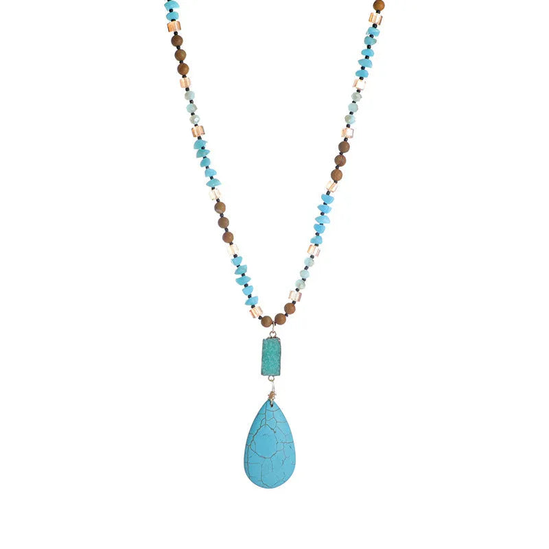 Turquoise water drop imitation mineral pendant on mixed material ball bead necklace chain