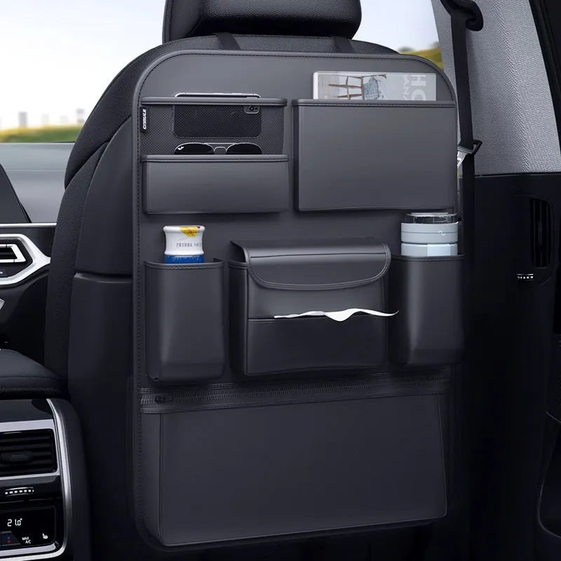 Black leather car seat back hanging storage bag with handle in two size options