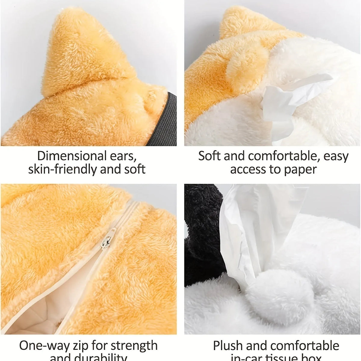 Yellow corgi butt-shaped soft pouch tissue box cover with elastic strap for car visor.