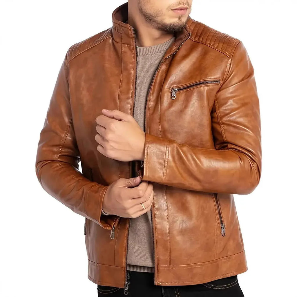 Men's brown polyester artificial leather punk motorcycle jacket with stand collar and patch pockets