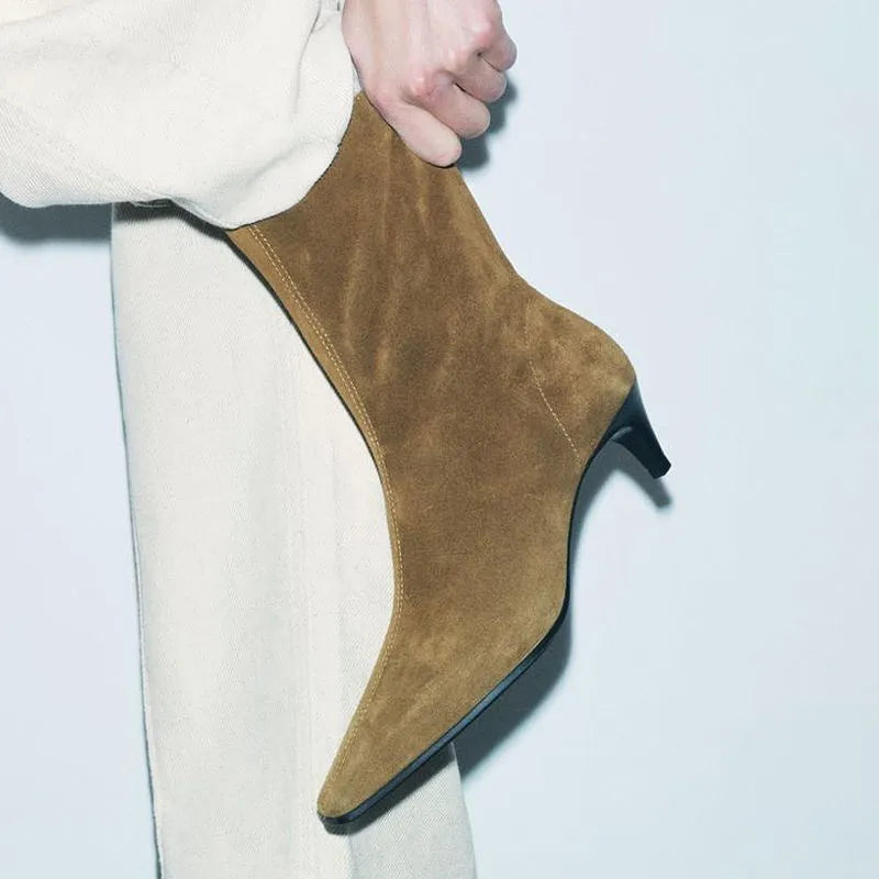 Women's black square toe ankle boots with side zipper and a mid kitten heel.