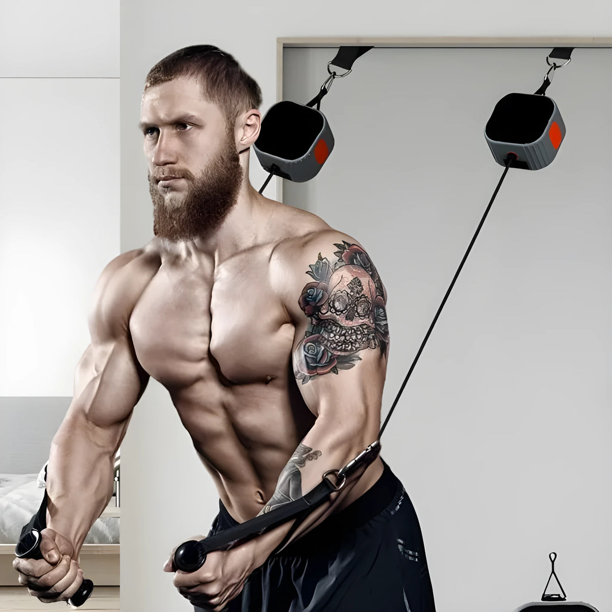 Multi functional fitness resistance training tensioner with adjustable bands in blue grey and orange grey colours