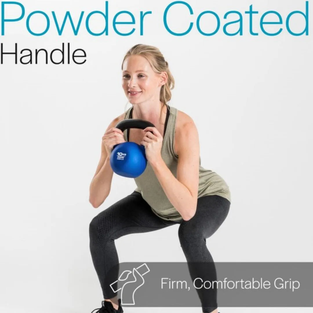 Blue cast iron teapot-shaped kettlebell with a handle, showing its 10kg weight for home gym use.