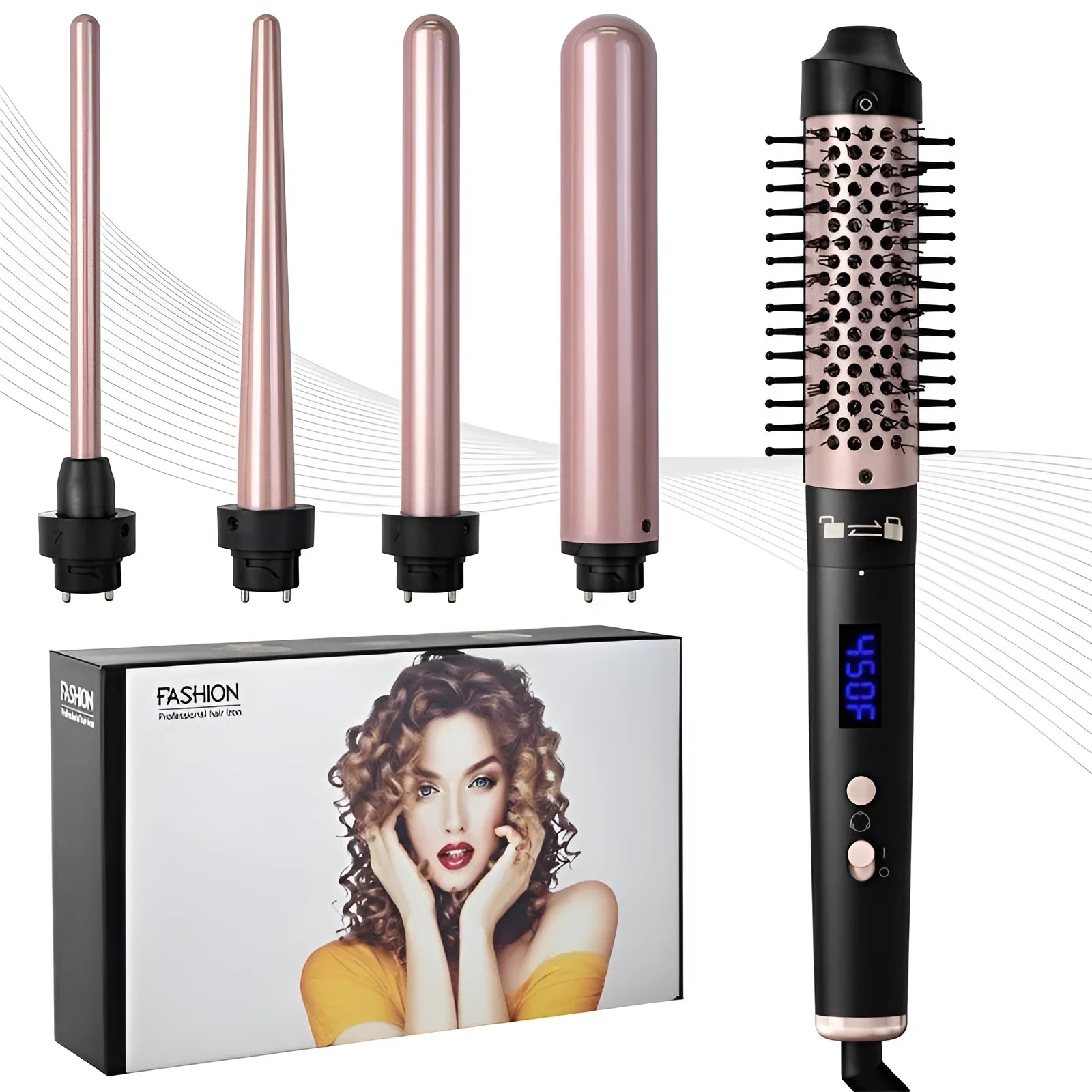 Rose gold and black automatic hair curler with 1000W power on a white background.
