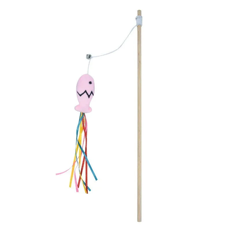 Wooden handle cat wand toy with catnip fish, colourful ribbons, and a bell for interactive play.