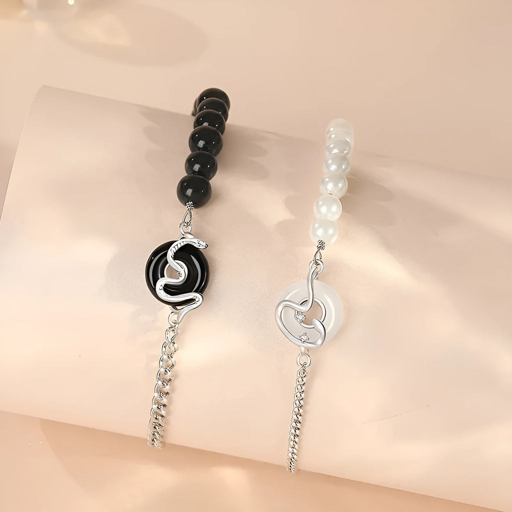 925 sterling silver couple bracelet with obsidian pearl and safe buckle in New Chinese style