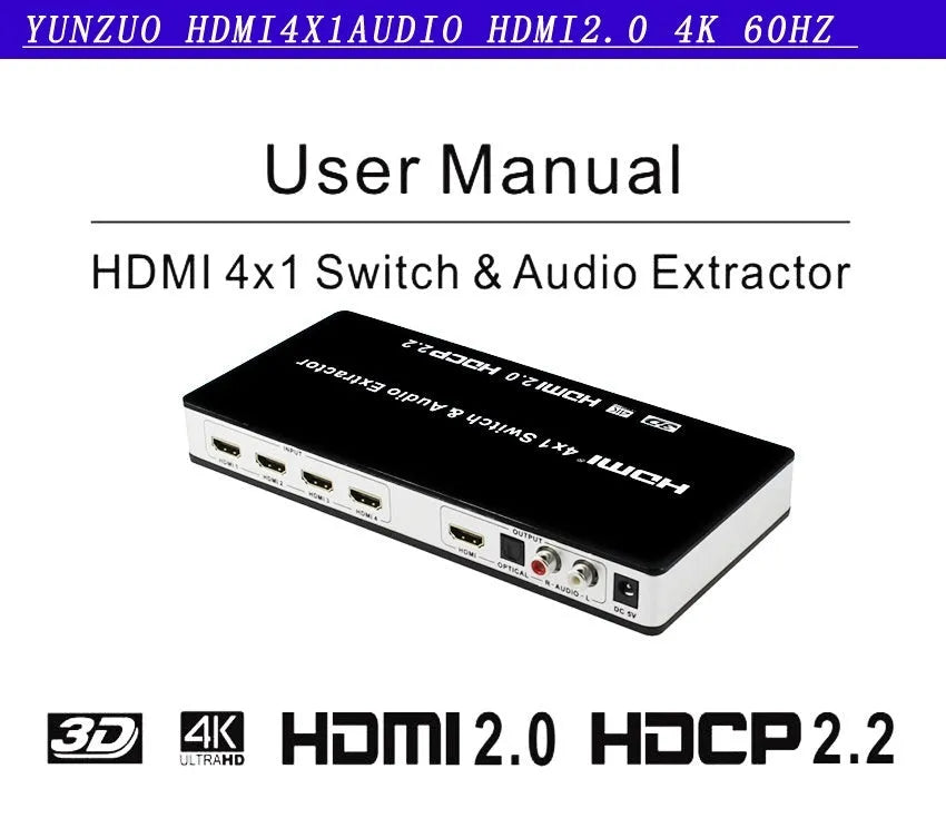 Black HDMI switch box with four inputs one output for HD video switching with remote control