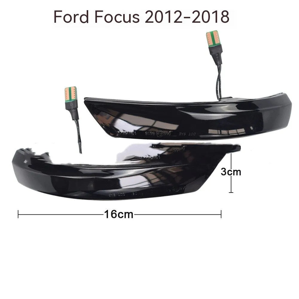 Pair of ABS rearview mirror waterfall lights for Ford Focus and Mondeo, showing yellow and blue two-tone option.