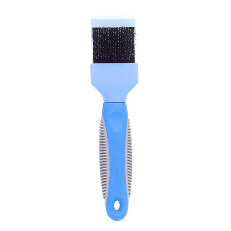 Double-sided pet grooming brush with stainless steel pins in blue or pink, showing ergonomic handle and pin details