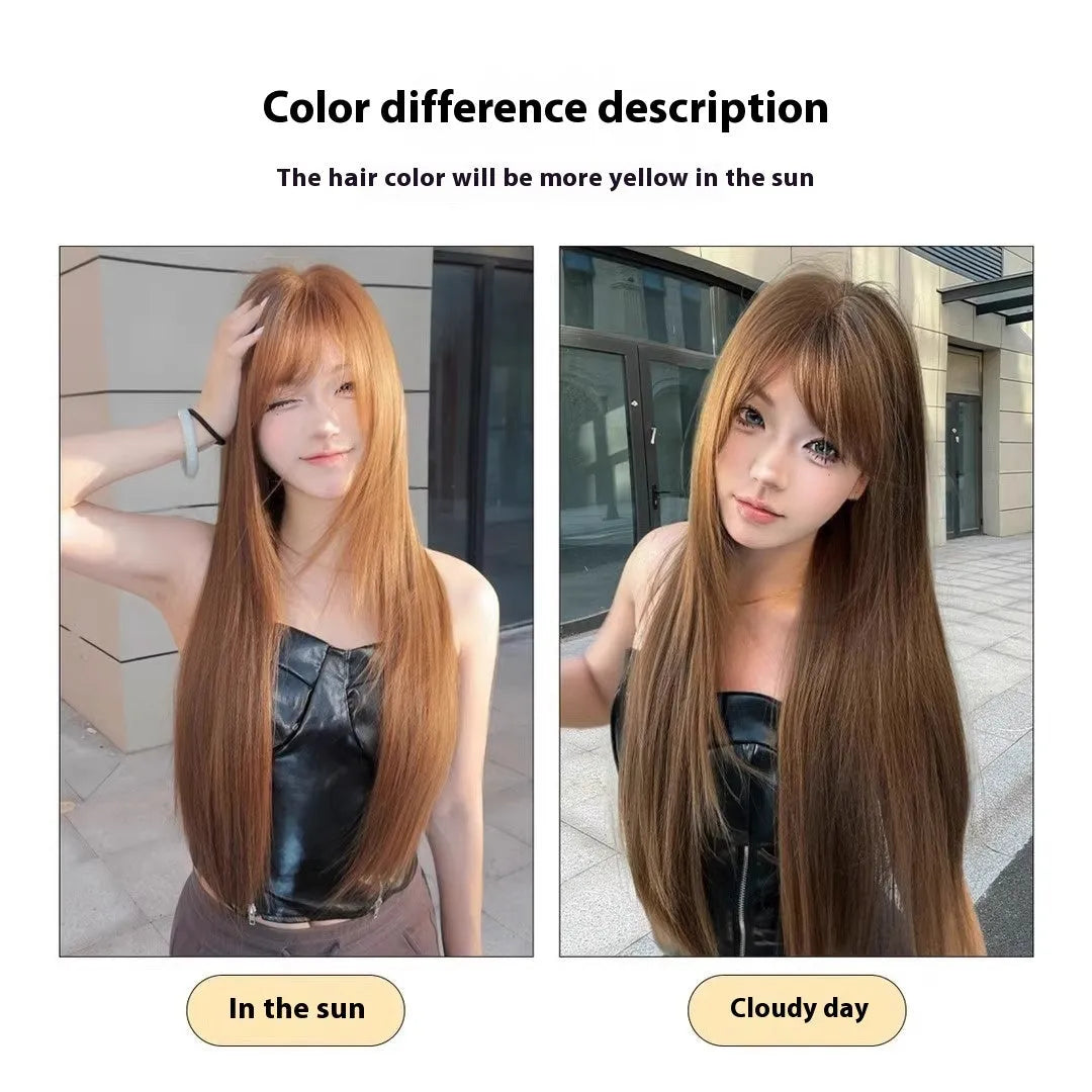Warm brown long straight synthetic wig with bangs made from high-temperature fibre