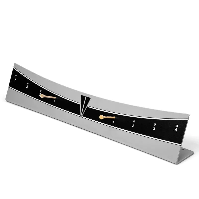 Golf putter trajectory balance simulator with adjustable push rod on a flat surface.