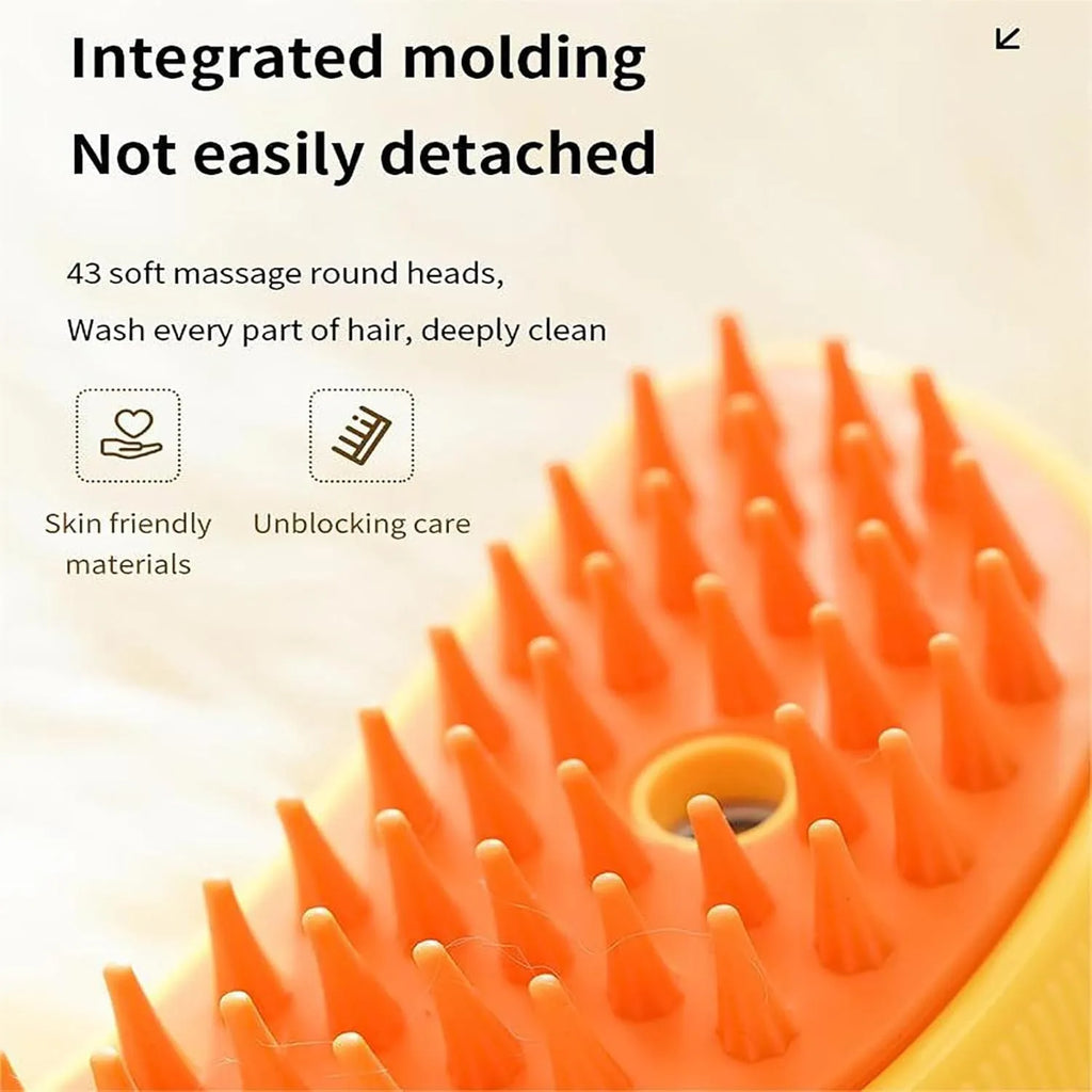 Rechargeable cat steam grooming brush with round teeth and cat paw ends in green or yellow colour