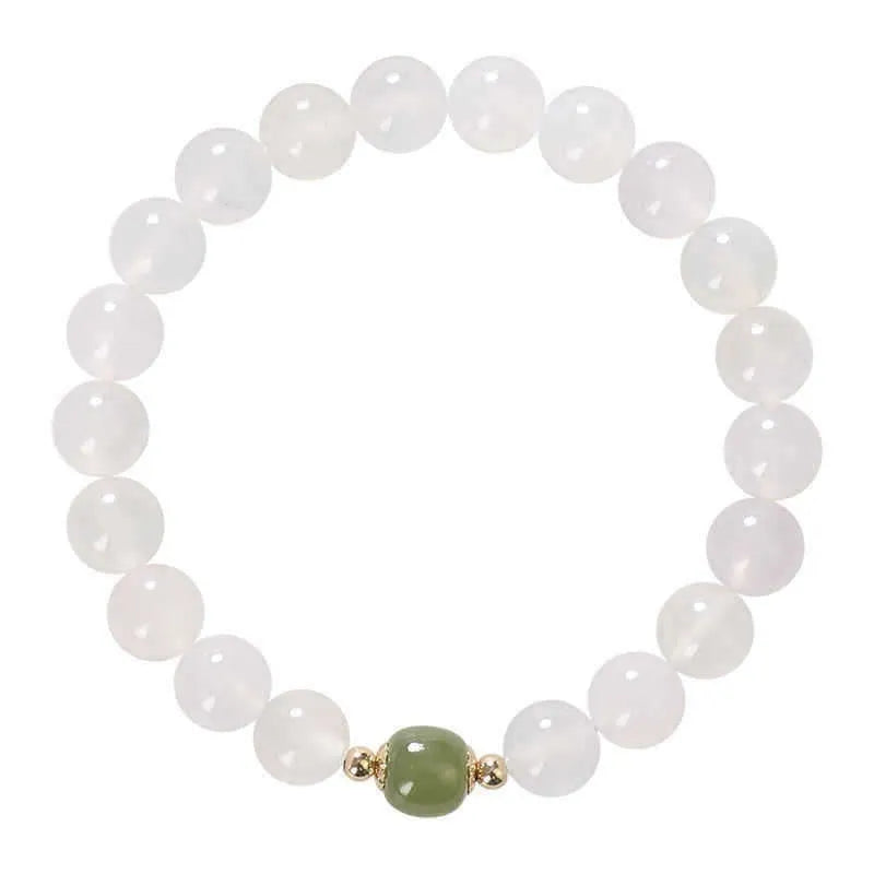 Handmade white agate and Hetian jade bracelet with crystal beads and cinnabar inlay detail