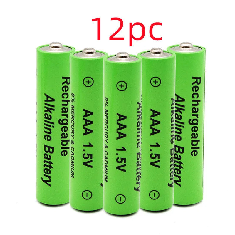 Alkaline rechargeable AA battery with 3000mAh capacity and 1.5V output, shown in green casing.