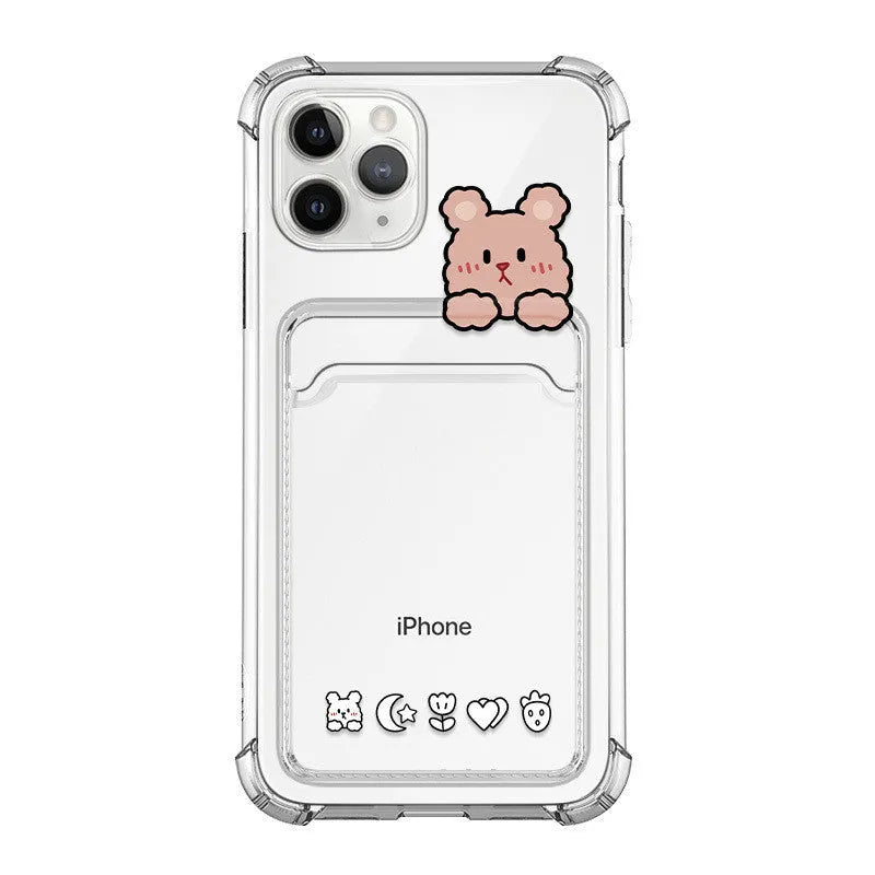 Transparent TPU phone case with cartoon paint design and card holder slot fitted on Apple iPhone