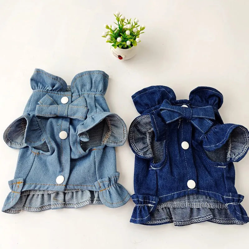 Denim pet dress with ruffles vest design and leash hooks for dogs and cats in blue