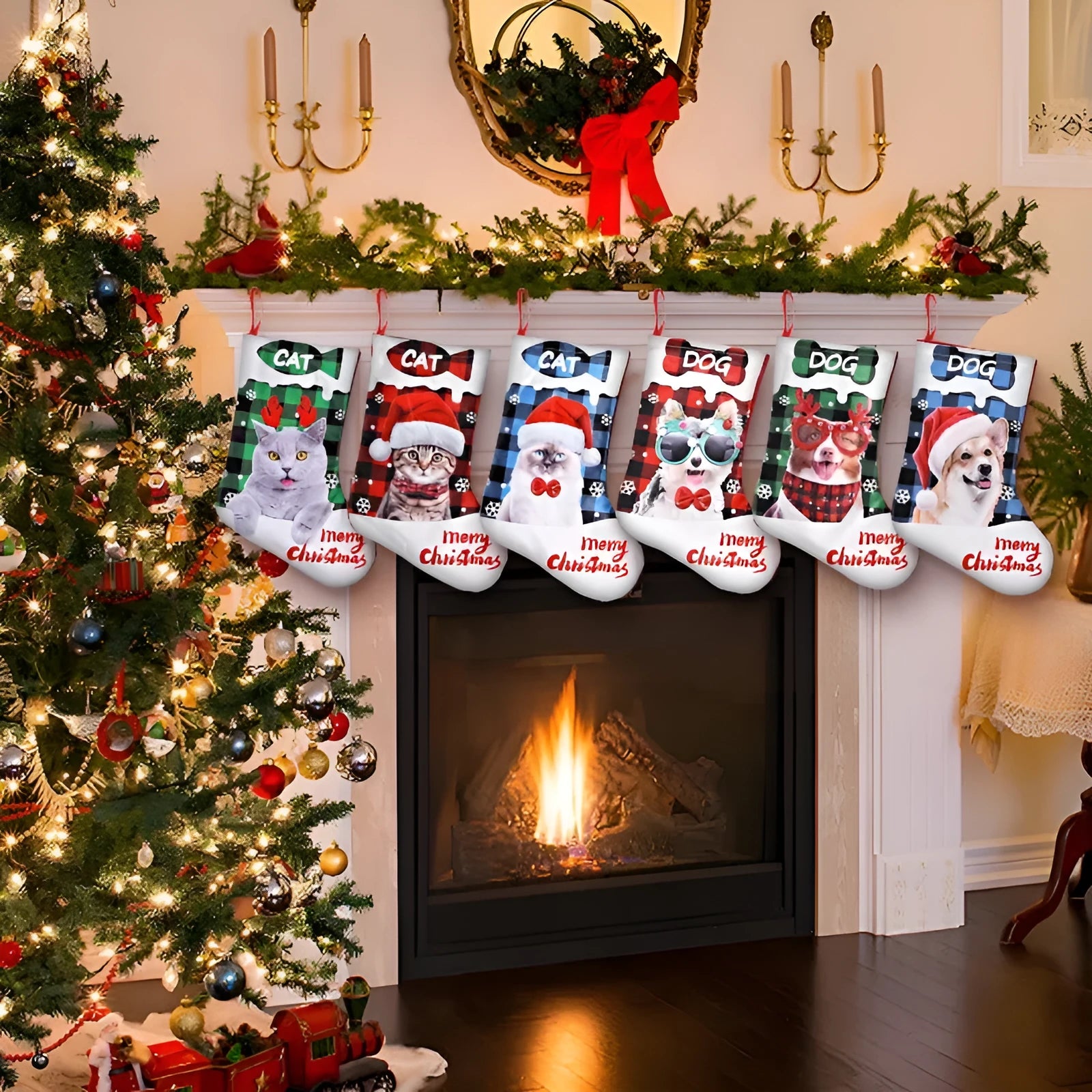 Cloth Christmas decoration with printed puppy or cat design in plaid pattern measuring 26x36cm