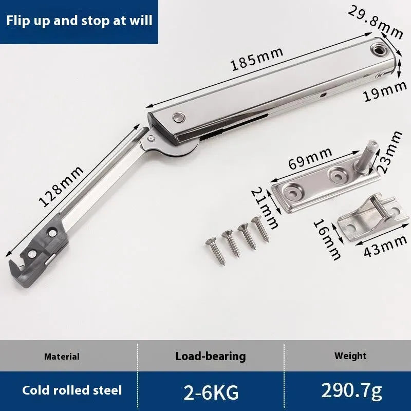 Cold rolled steel support rod for holding open a tatami cabinet's flap-up door.